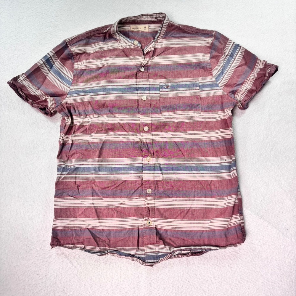 Hollister‎ Striped Button Up Shirt Mens Medium Red Blue Short Sleeve Casual